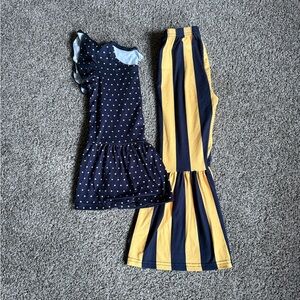 Girls Navy & Yellow Polka Dot Ruffle Top with Striped Flare Pants